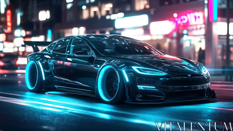 Futuristic electric car races through neon city streets at night.