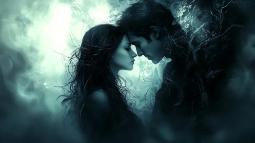 Ethereal Silhouette Couple Portrait with Atmospheric Light Diffusion