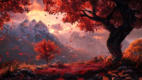 Crimson leaves whirl as quiet mountains drink the sunset fire