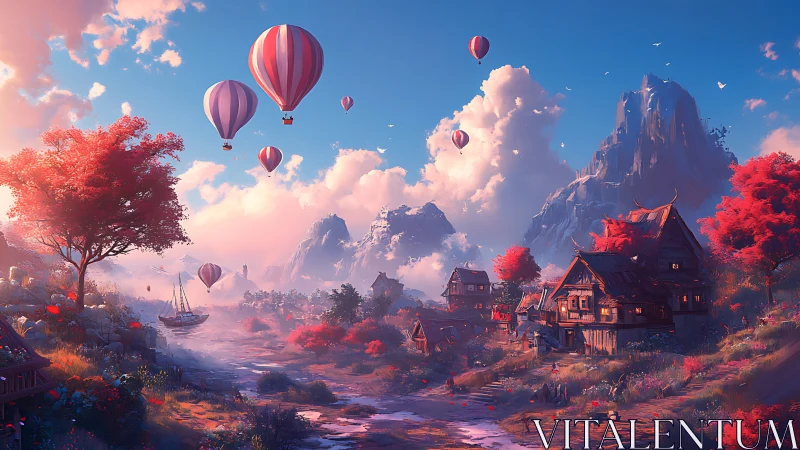Fantasy valley village with hot air balloons at sunrise