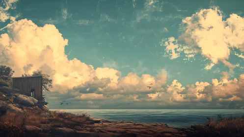 Coastal shack and stratocumulus sky rendered in warm atmospheric light