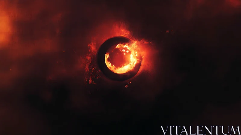 Burning sphere emerging from darkness with intense flame core.