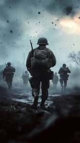 Stormy battlefield march captures soldiers moving through chaos