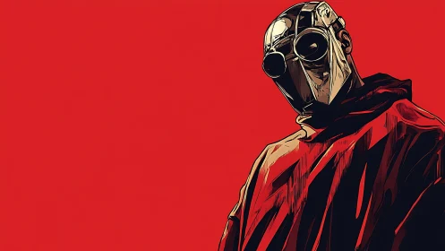 Lone masked figure stands in bold red graphic void