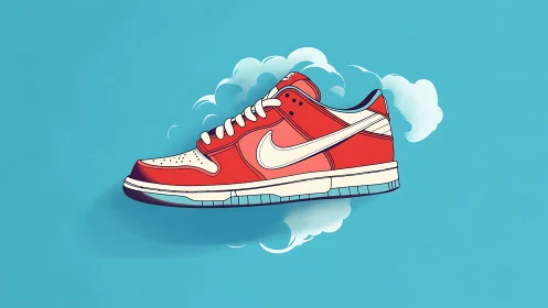 Red low-top sneaker floats over blue sky backdrop