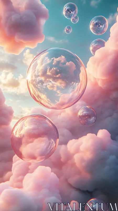 Iridescent glass bubbles drift through pastel cloud sky.