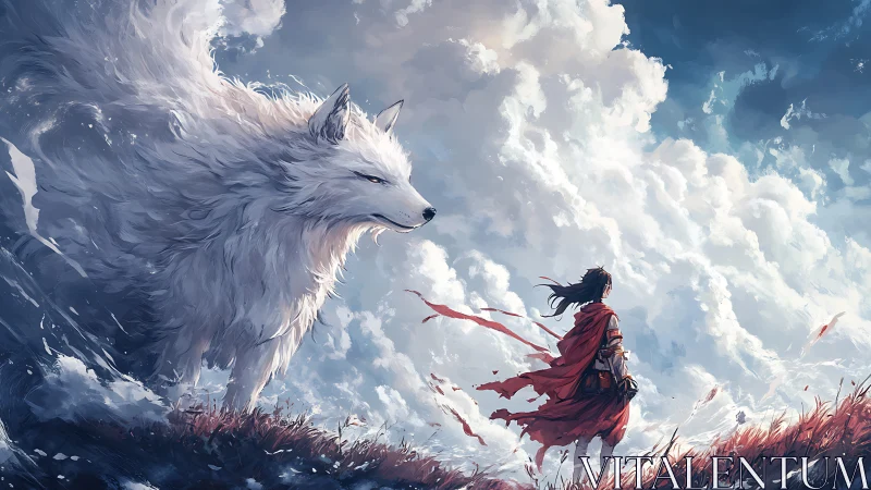Warrior in red cloak with giant white wolf under clouds.