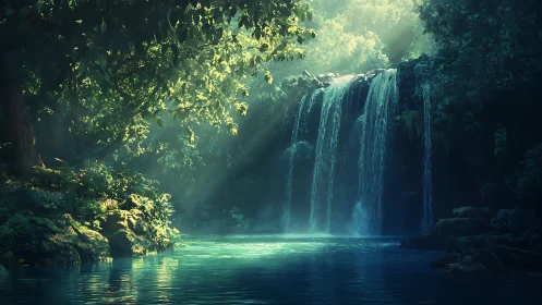 Sunlit forest waterfall and tranquil emerald pool escape.