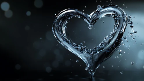Water Heart Splash on Black Background.