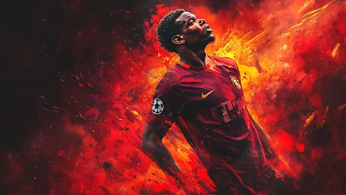 Football player in red kit amid fiery digital energy burst.