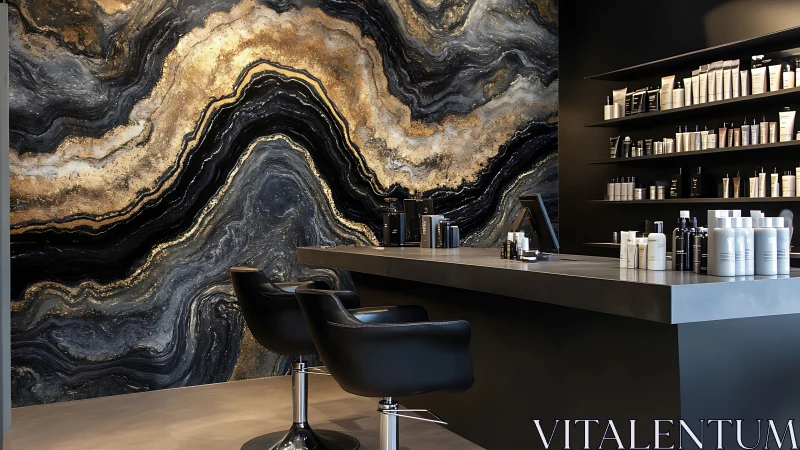 Modern salon counter with bold black and gold marble wall.