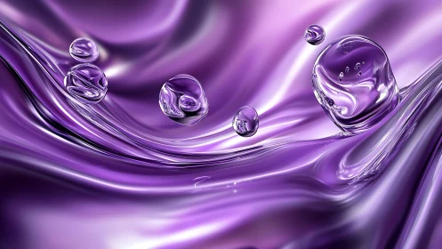 Liquid chrome spheres glide across luminous violet waves.