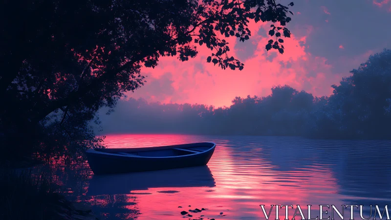 Twilight rowboat on neon-lit river under silhouetted trees.