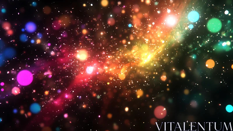 Vibrant cosmic nebula glows with multicolored bokeh lights