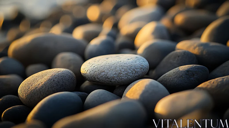 Smooth shoreline pebbles in shallow focus under warm light.