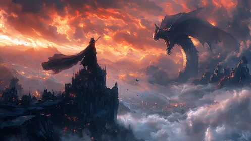 Stormlit dragon and lone hero facing a fiery sky together.