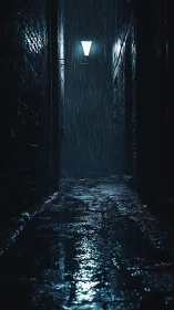 Moody rainy alleyway glows softly under a single streetlamp