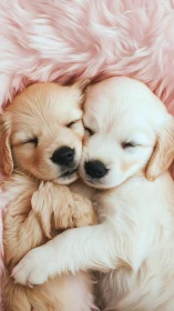 Two light-colored canine subjects resting on pale pink textile