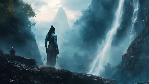 Solitary blue figure observing misty mountain falls.