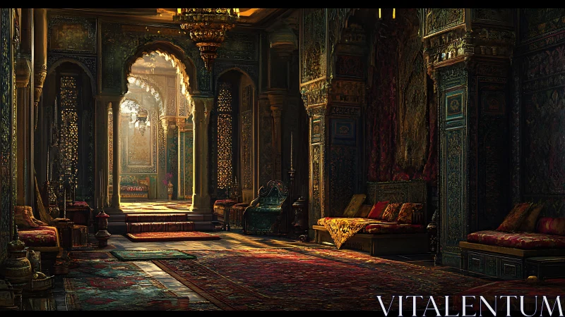 Intricately illuminated palatial hall with ornate Moorish arches.