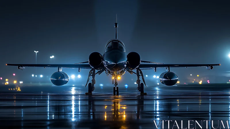 Runway sentinel waits under midnight neon and polished rain