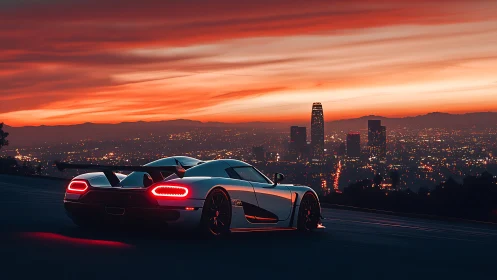 White supercar overlooks illuminated city skyline at sunset