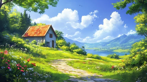 Sunlit lake cottage where wildflowers guard the quiet path.