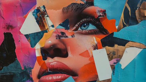 Fragmented portrait collage with vivid abstract color fields.
