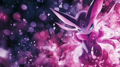 Mystical pink creature in luminous bokeh heart vortex.