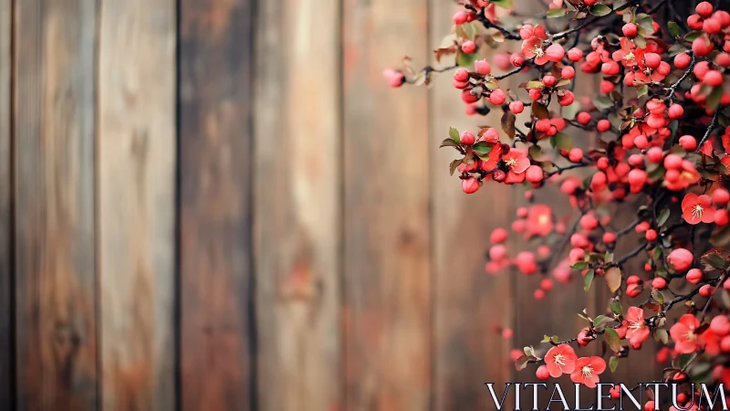 Rustic wood backdrop with cascading red blossom bokeh focus.