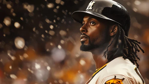 Baseball player in helmet under stadium lights at night.