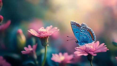 Sky-blue butterfly sipping twilight on pink garden blooms.