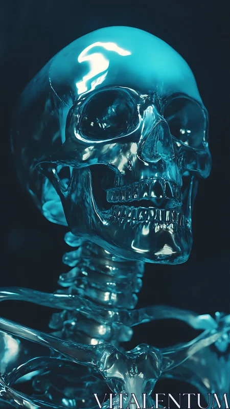 Luminous glass skull glowing softly in cool blue light.