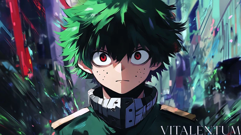 Anime hero with intense gaze amid shattered city lights.