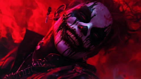 Grinning nightmare clown drifts through red neon smoke