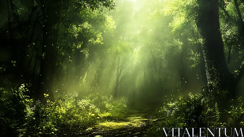 Luminous forest pathway with divine light rays.