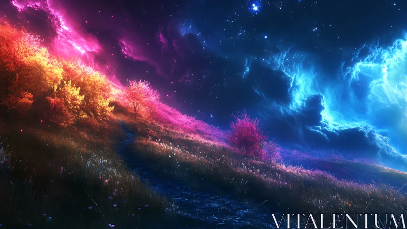 Starlit hillside path under neon cosmic aurora sky.