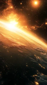 Illuminated planetary horizon under dense stellar field.