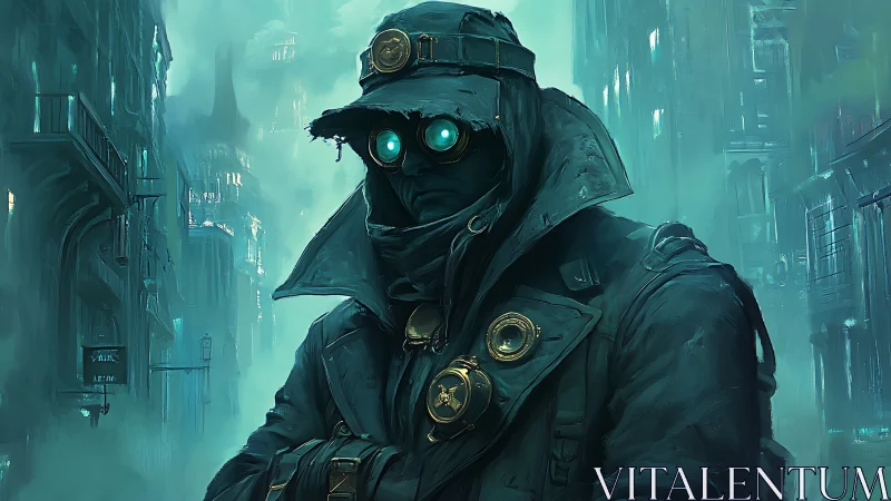 Fogwalker sentinel in teal-lit dystopian alleyway vigil.