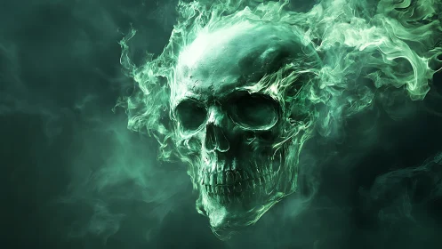 Emergent luminous skull formed from turbulent emerald vapor field
