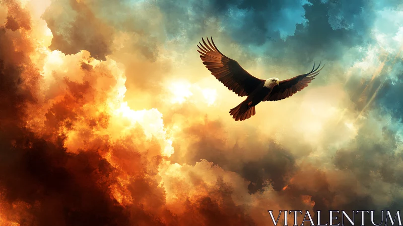 Eagle soaring through dramatic orange and blue clouds.