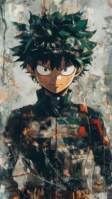 Stylized green haired anime figure in fragmented uniform portrait.
