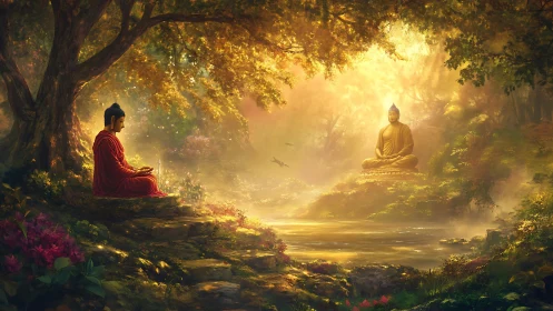 Forest light kneels twice before meditating Buddha reflections