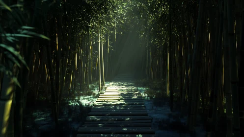 Luminous bamboo corridor with plank path and volumetric light.