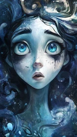 Surreal blue-eyed girl submerged in swirling oceanic night.