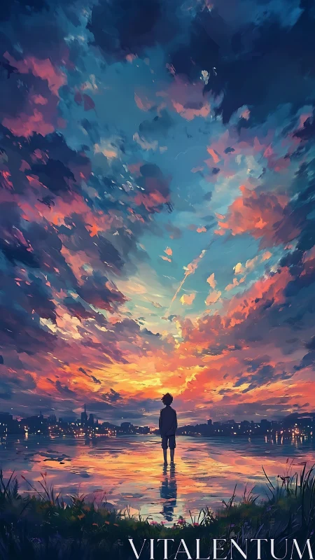 Solitary figure observing prismatic dusk sky reflections.