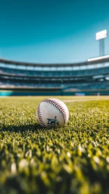 Sunlit baseball on grass with blurred stadium backdrop.