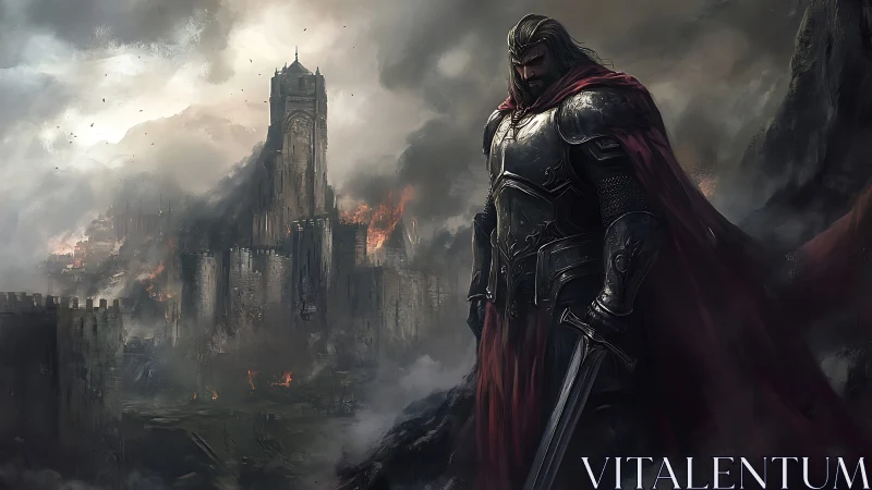 Brooding warlord before a burning citadel of broken oaths.