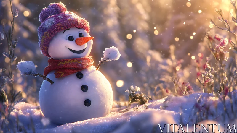 Cheerful snowman glowing in gentle golden winter light.