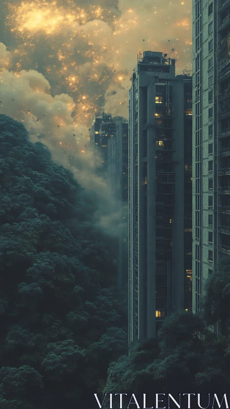 Cinematic vertical city towers dissolving into luminous storm.